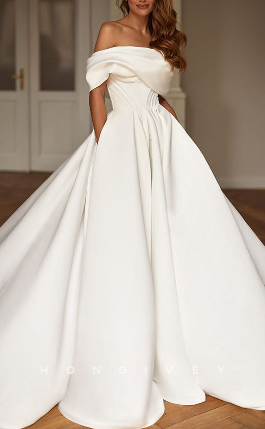 H1233 - Sexy Satin A-Line Off-Shoulder Bodice Empire With Pockets Train Wedding Dress