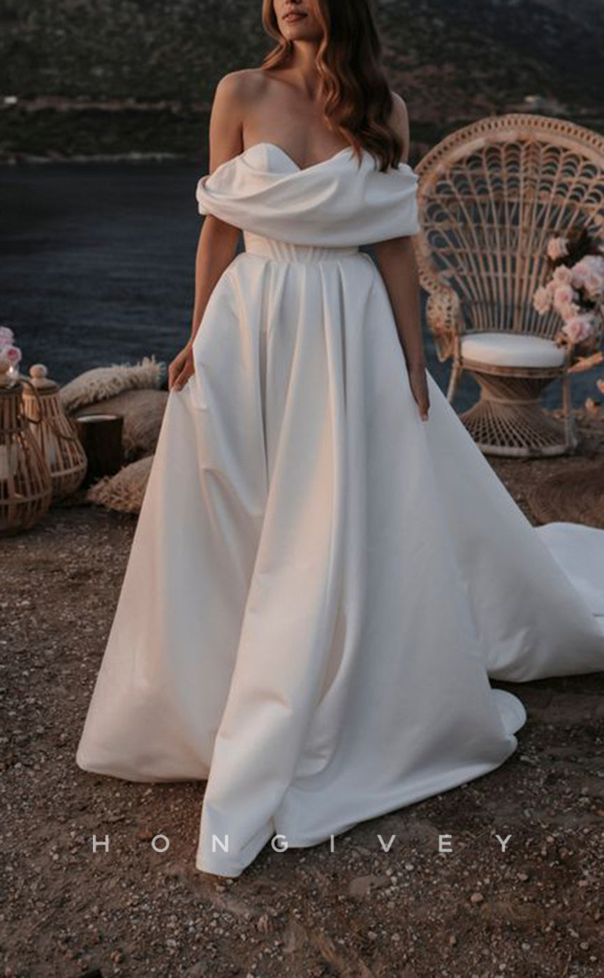 H1233 - Sexy Satin A-Line Off-Shoulder Bodice Empire With Pockets Train Wedding Dress