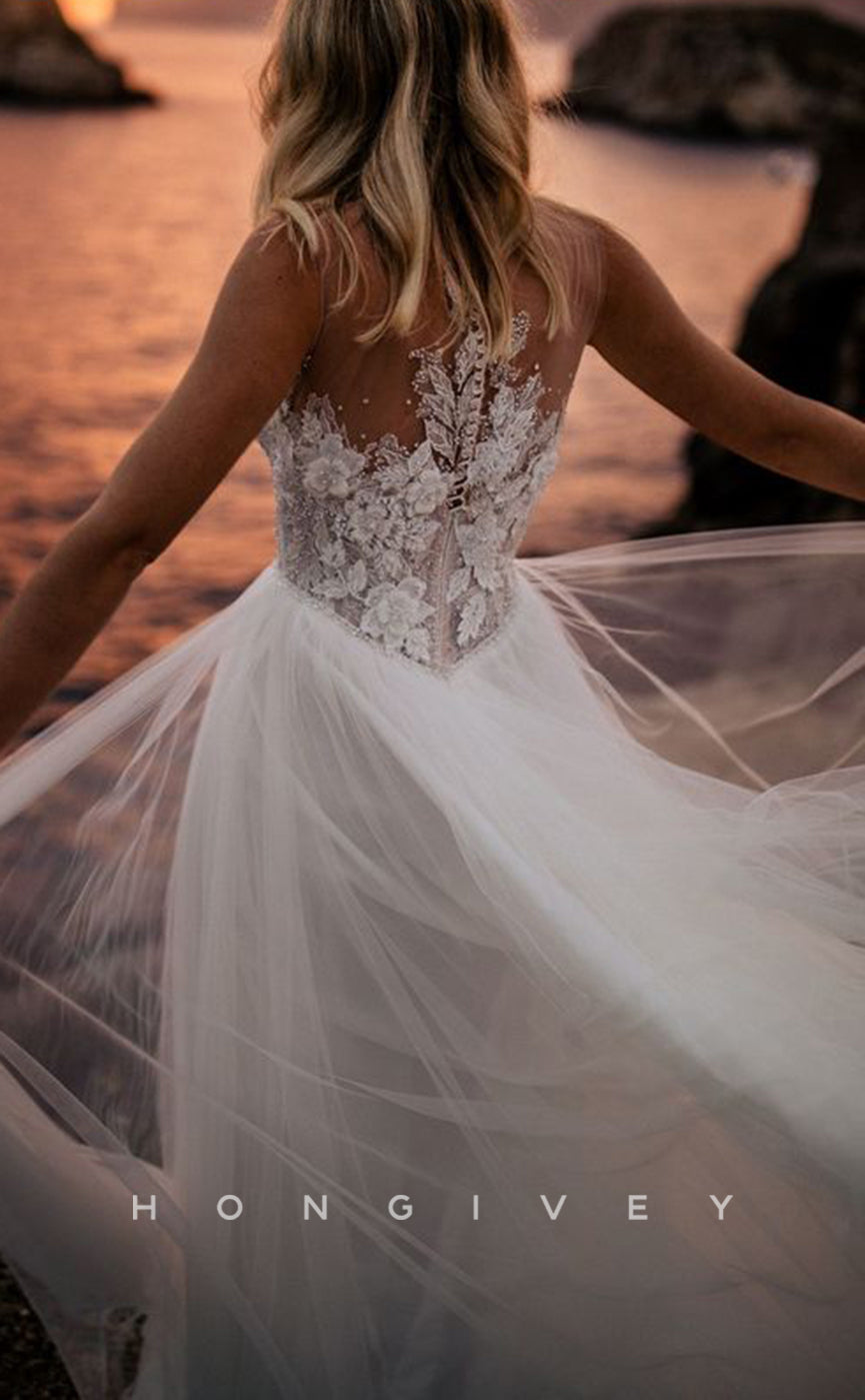 H1234 - Sexy Tulle A-Line Round Sleeveless Empire Beaded Appliques With Train Beach Wedding Dress