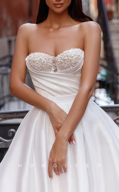 H1235 - Sexy Satin A-Line Sweetheart Strapless Sleeveless Empire Beaded Ruched With Train Wedding Dress