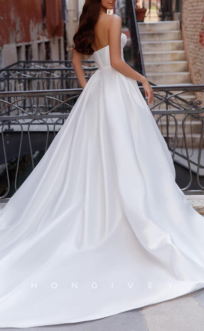 H1235 - Sexy Satin A-Line Sweetheart Strapless Sleeveless Empire Beaded Ruched With Train Wedding Dress