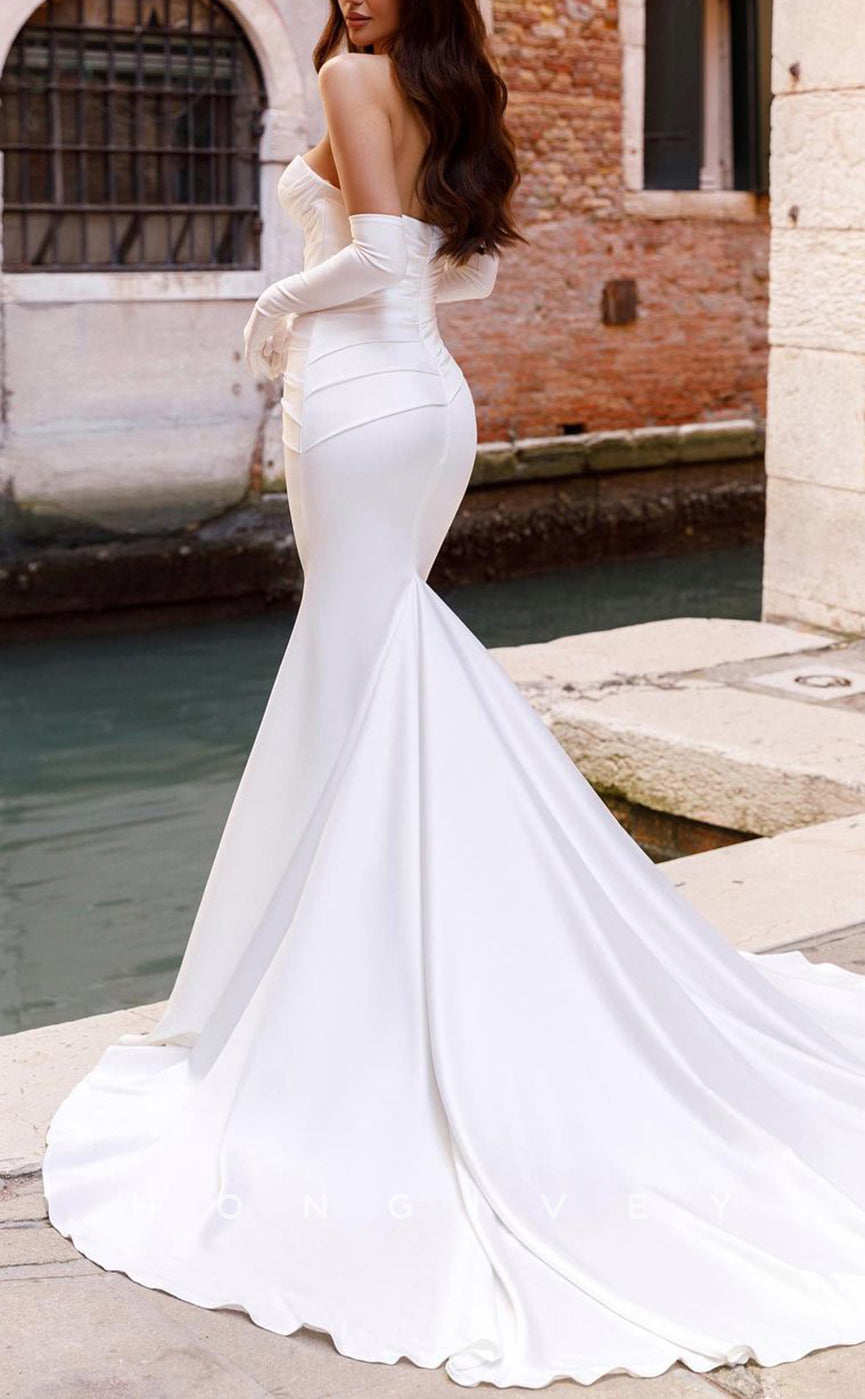 H1236 - Sexy Satin Trumpt Sweetheart Strapless Ruched With Train Wedding Dress
