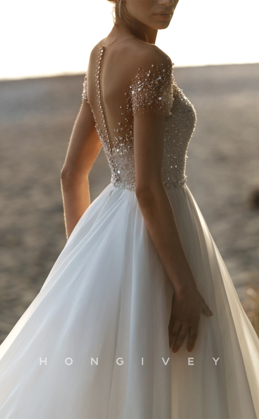 H1237 - Sexy A-Line Glitter Tulle Off-Shoulder Empire Beaded Sequined With Train Wedding Dress