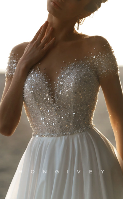 H1237 - Sexy A-Line Glitter Tulle Off-Shoulder Empire Beaded Sequined With Train Wedding Dress