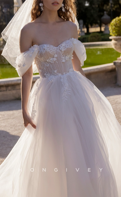 H1241 - Sexy Tulle A-Line Off-Shoulder Empire Floral Embossed With Train Wedding Dress