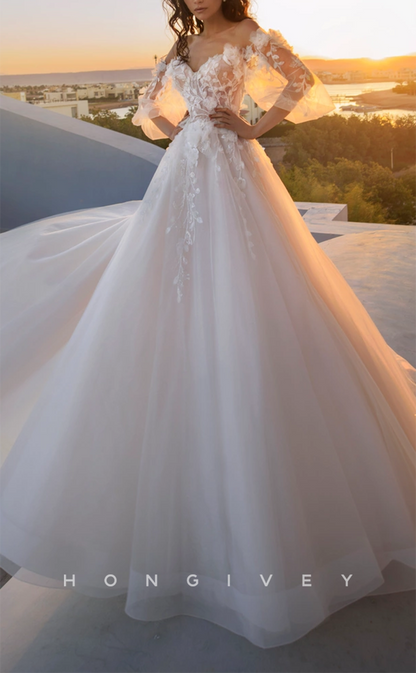 H1242 - Sexy Tulle A-Line Sweetheart Puff Sleeves Gown Empire Floral Appliqued With Train Wedding Dress
