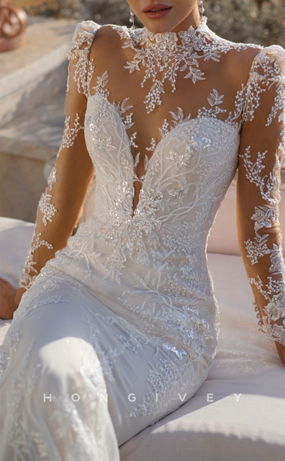 H1243 - Sexy Trumpt Lace High Neck Long Sleeve Fully Sequined Appliqued With Train Wedding Dress