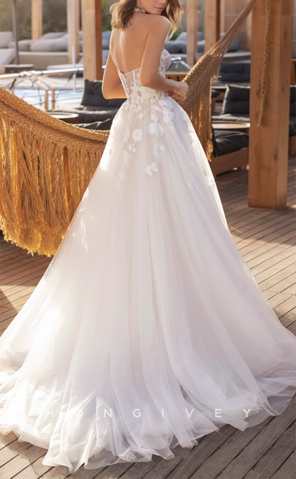 H1244 - Sexy Tulle A-Line Plunging  V-Neck Strapless Sleeveless Empire Appliques With Train Wedding Dress