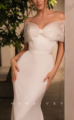 H1247 - Sexy Satin A-Line Fitted Bowknot Off-Shoulder Empire Appliques With Train Wedding Dress