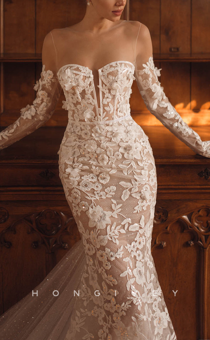 H1248 - Sexy Fitted Lace Scoop Long Sleeve Illusion Empire Appliques With Train Boho Wedding Dress