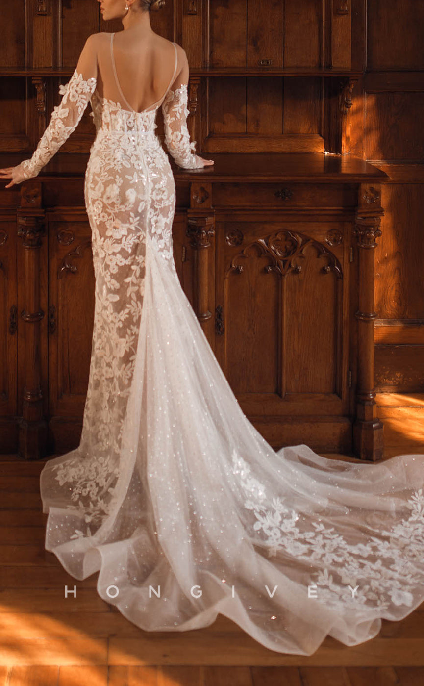 H1248 - Sexy Fitted Lace Scoop Long Sleeve Illusion Empire Appliques With Train Boho Wedding Dress