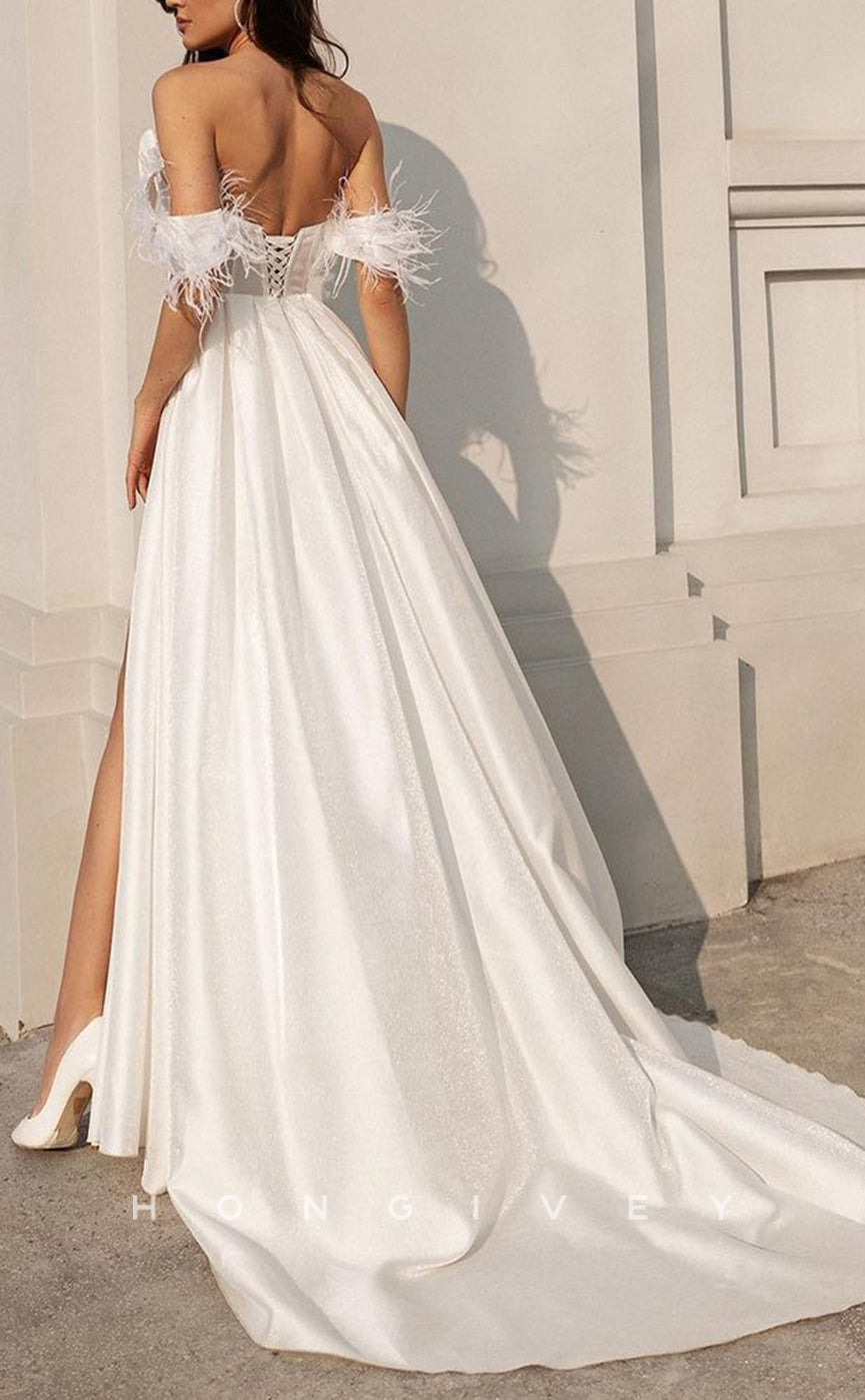 H1250 - Sexy Satin A-Line Off-Shoulder Empire Ruched Feathers With Side Slit Train Wedding Dress
