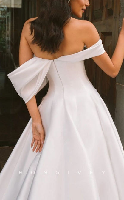 H1254 - Sexy Satin A-Line Off-Shoulder Pleats Empire With Train Wedding Dress