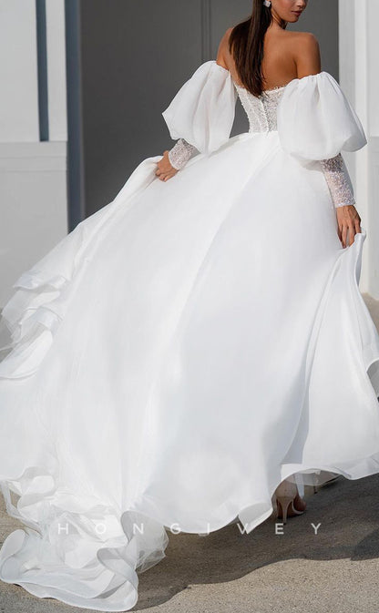 H1255 - Sexy A-Line Satin Sweetheart With Long Bell Sleeves Empire Beaded With Side Slit Wedding Dress