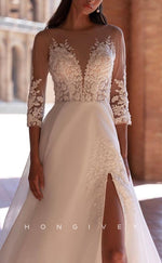 H1257 - Sexy Tulle A-Line Scoop 3/4 Sleeves Empire Beaded Appliques With Side Slit Wedding Dress