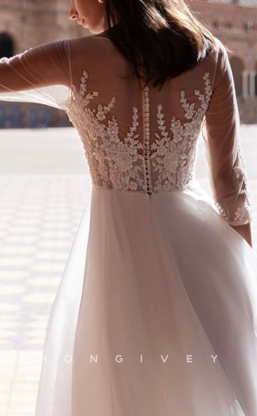 H1257 - Sexy Tulle A-Line Scoop 3/4 Sleeves Empire Beaded Appliques With Side Slit Wedding Dress