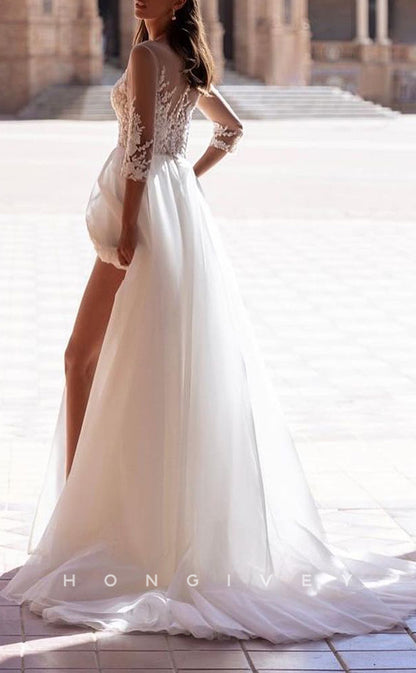 H1257 - Sexy Tulle A-Line Scoop 3/4 Sleeves Empire Beaded Appliques With Side Slit Wedding Dress
