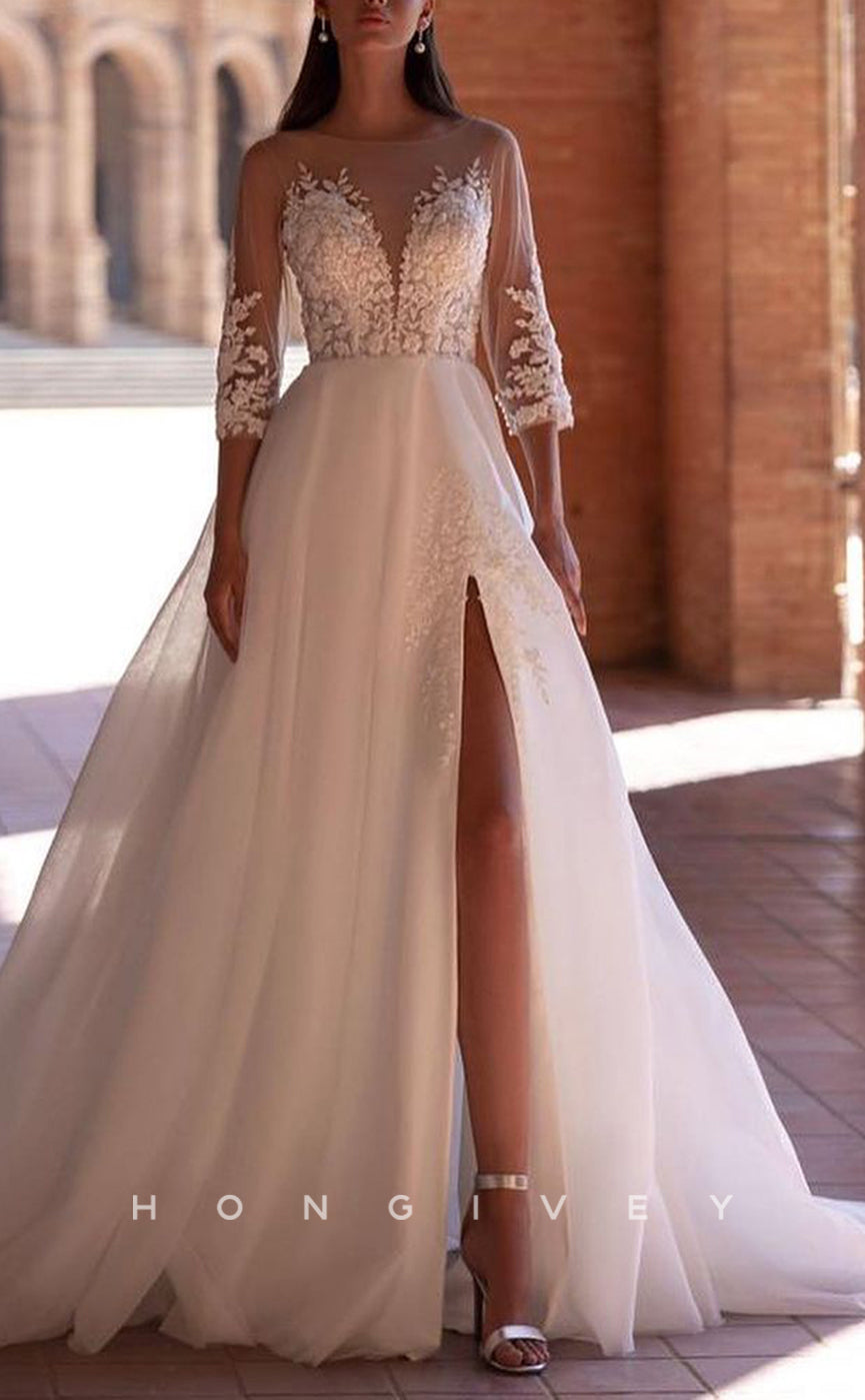 H1257 - Sexy Tulle A-Line Scoop 3/4 Sleeves Empire Beaded Appliques With Side Slit Wedding Dress