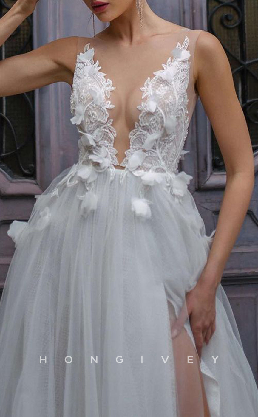 H1259 - Sexy Tulle A-Line Scoop Empire Sleeveless Appliques With Side Slit Train Wedding Dress