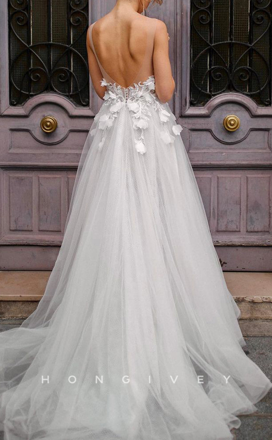 H1259 - Sexy Tulle A-Line Scoop Empire Sleeveless Appliques With Side Slit Train Wedding Dress