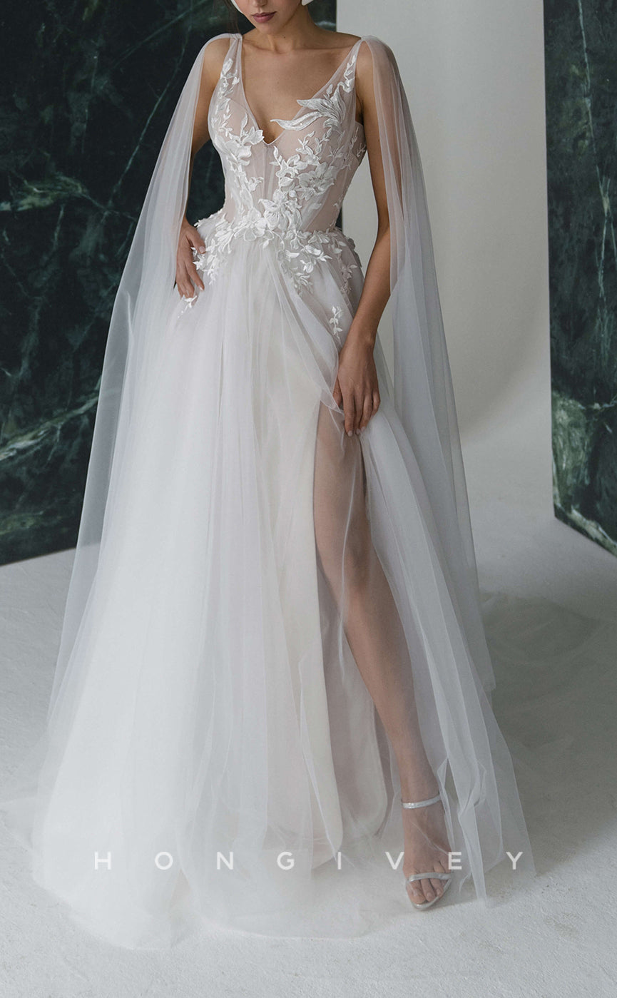 H1264 - Sexy Tulle A-Line V-Neck Spaghetti Straps Empire Appliques With Side Slit Train Wedding Dress