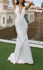 H1270 - Sexy Satin Trumpt Scoop Sleeveless Empire Illusion Beaded With Train Beach Wedding Dress