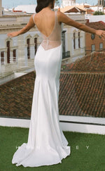 H1270 - Sexy Satin Trumpt Scoop Sleeveless Empire Illusion Beaded With Train Beach Wedding Dress