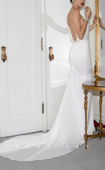 H1271 - Sexy Satin Trumpt V-Neck Spaghetti Straps Empire Sleeveless Backless With Side Slit Wedding Dress