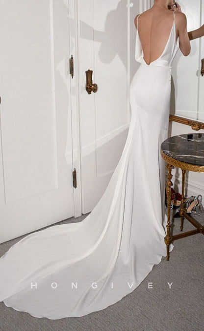 H1271 - Sexy Satin Trumpt V-Neck Spaghetti Straps Empire Sleeveless Backless With Side Slit Wedding Dress