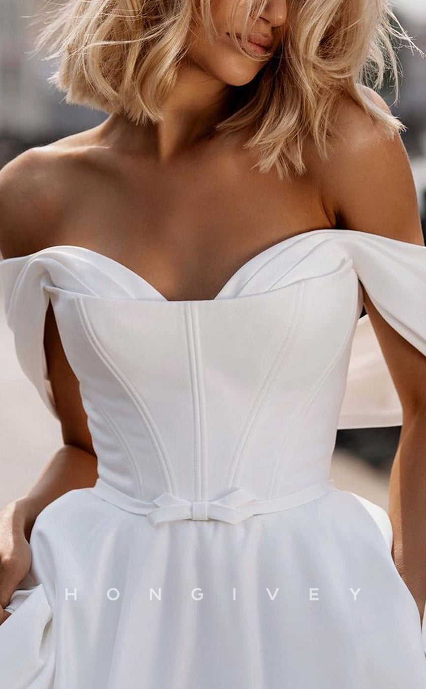 H1272 - Sexy Satin A-Line Off-Shoulder Sleeveless Empire Bowknot With Train Wedding Dress