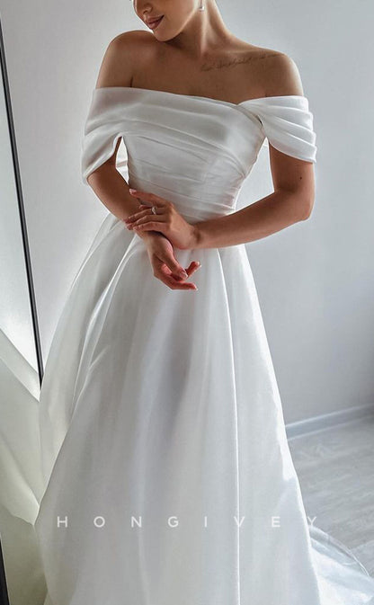 H1273 - Sexy Satin A-Line Asymmetrical Off-Shoulder Empire Pleats Lace-Up With Train Wedding Dress