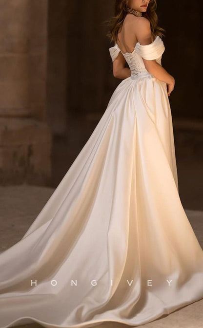 H1275 - Sexy Satin A-Line Off-Shoulder Empire Pleats Beaded Overskirt Gown Wedding Dress