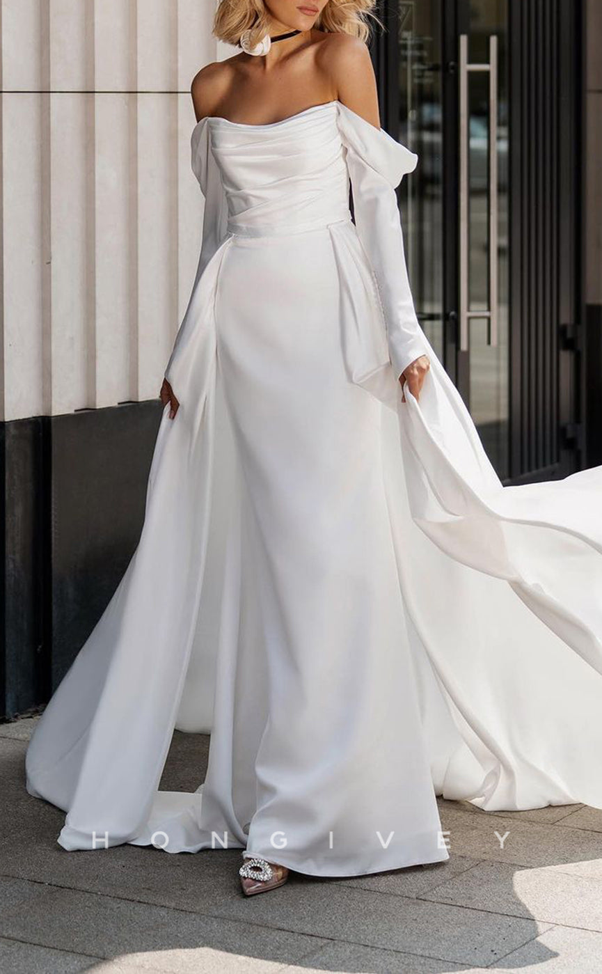 H1277 - Sexy Satin A-Line Off-Shoulder Long Sleeve Ruched Empire With Train Wedding Dress