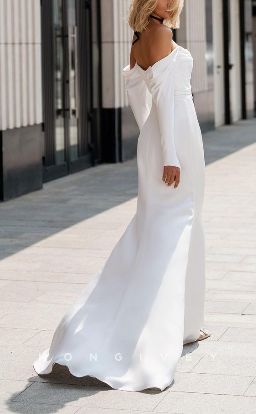 H1277 - Sexy Satin A-Line Off-Shoulder Long Sleeve Ruched Empire With Train Wedding Dress