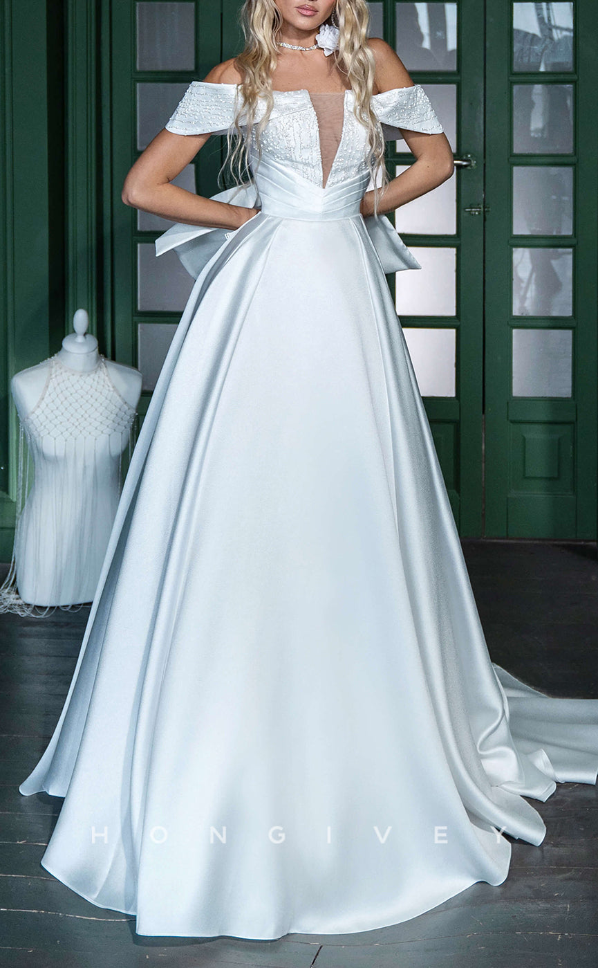 H1278 - Sexy Satin A-Line Off-Shoulder Empire Beaded Bowknot With Train Wedding Dress