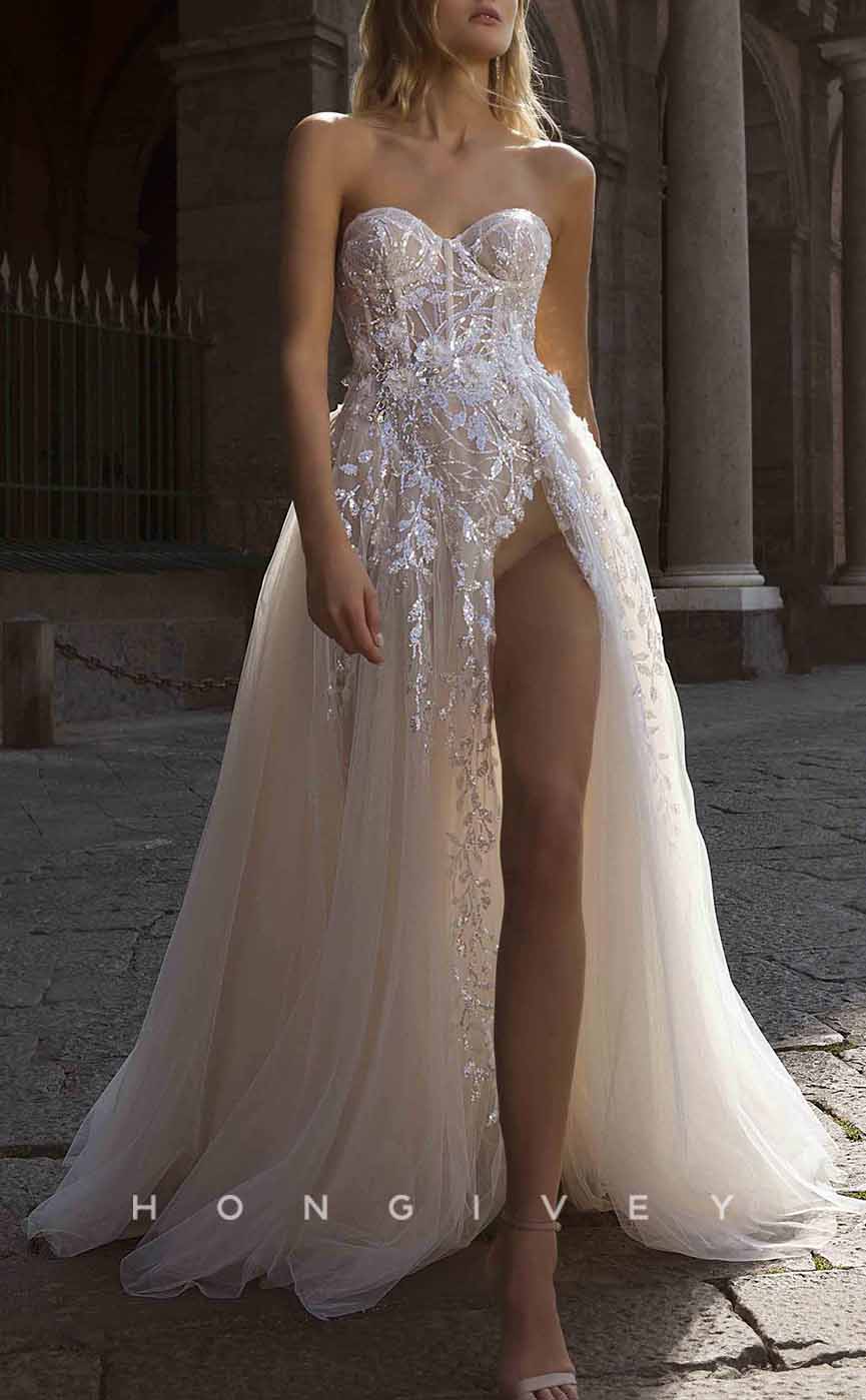 H1279 - Sexy Tulle A-Line Sweetheart Strapless Empire Sequined Appliques With High Slit Wedding Dress