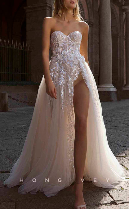 H1279 - Sexy Tulle A-Line Sweetheart Strapless Empire Sequined Appliques With High Slit Wedding Dress