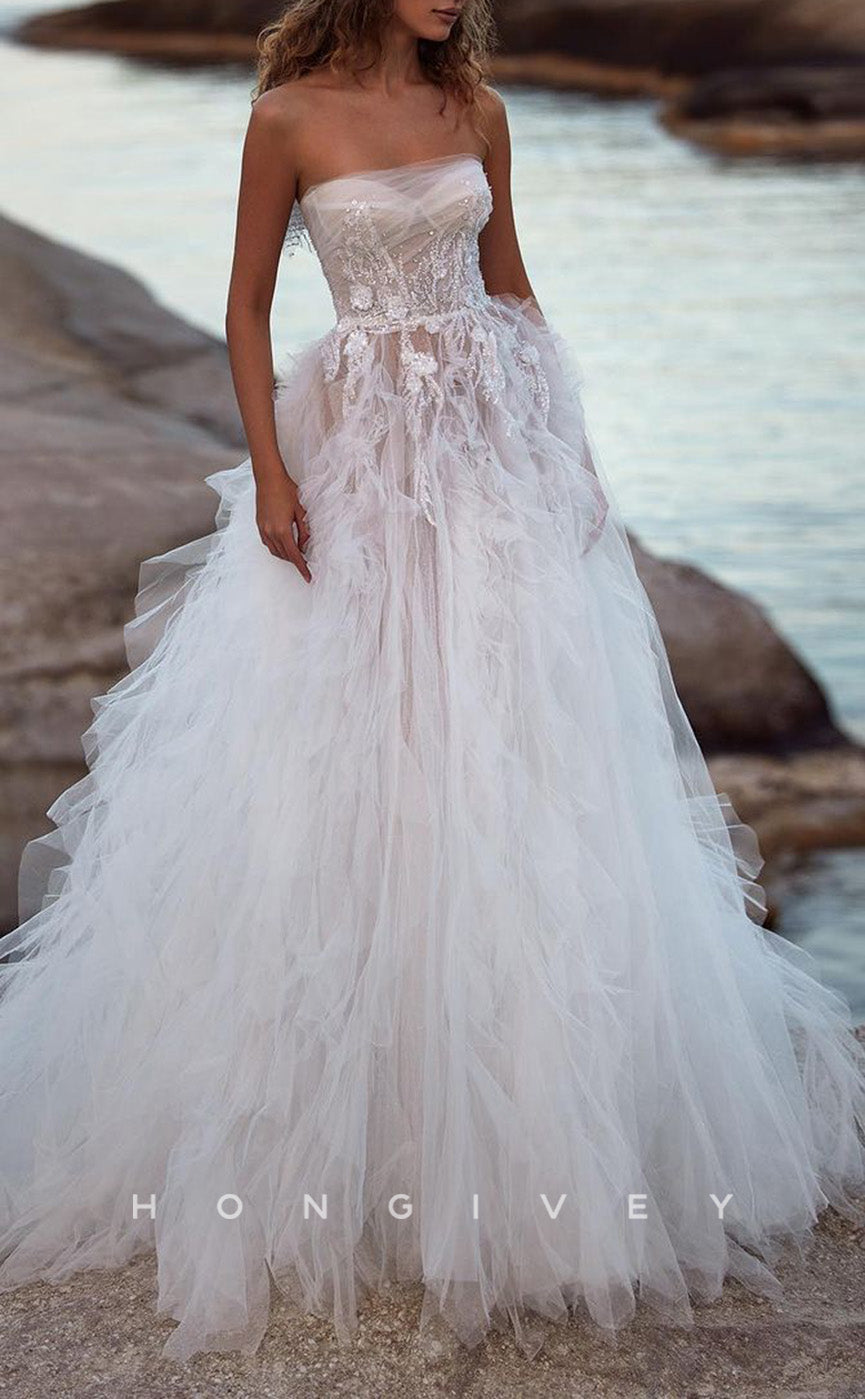 H1286 - Sexy Tulle A-Line Illusion Strapless Sleeveless  Empire Beaded Appliques With Train Wedding Dress