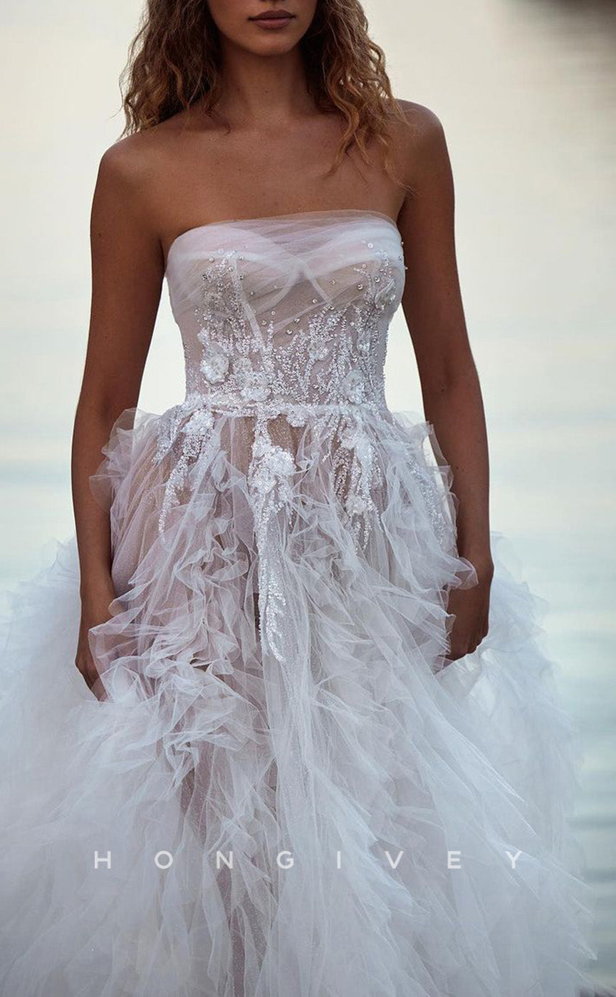 H1286 - Sexy Tulle A-Line Illusion Strapless Sleeveless  Empire Beaded Appliques With Train Wedding Dress