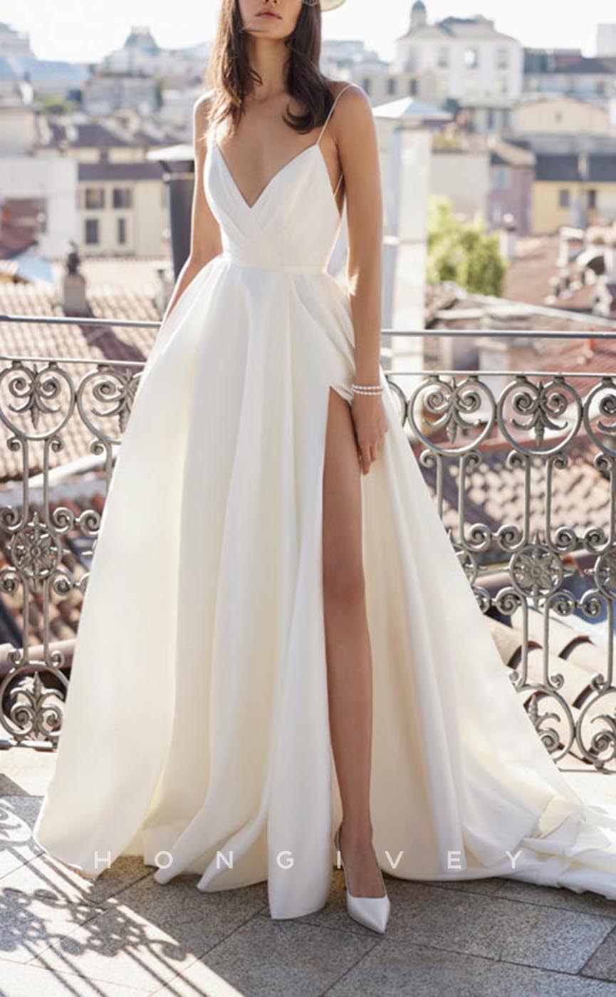 H1288 - Sexy Satin A-Line V-Neck Spaghetti Straps Empire Backless Ruched With Side Slit Wedding Dress