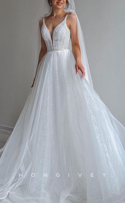 H1289 - Sexy Tulle Glitter A-Line V-Neck Bowknot Spaghetti Straps Empire Beaded With Train Wedding Dress