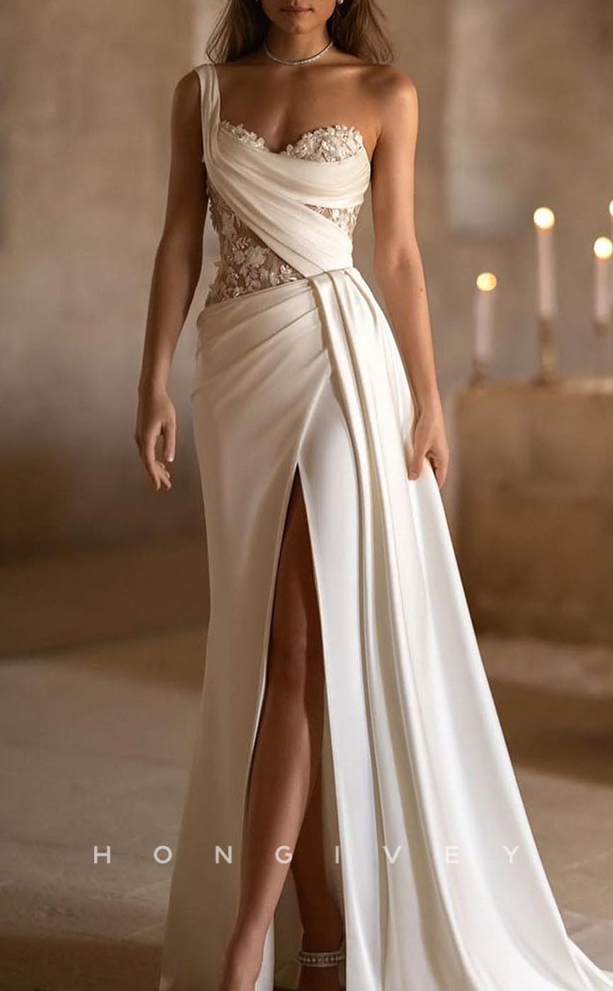 H1290 - Sexy Satin A-Line One Shoulder Illusion Ruched Beaded Appliques With Side Slit Wedding Dress