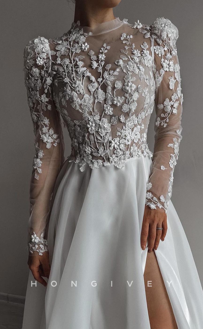 H1291 - Sexy A-Line Two Tone Illusion High Neck Long Sleeve Empire Appliques With Side Slit Wedding Dress