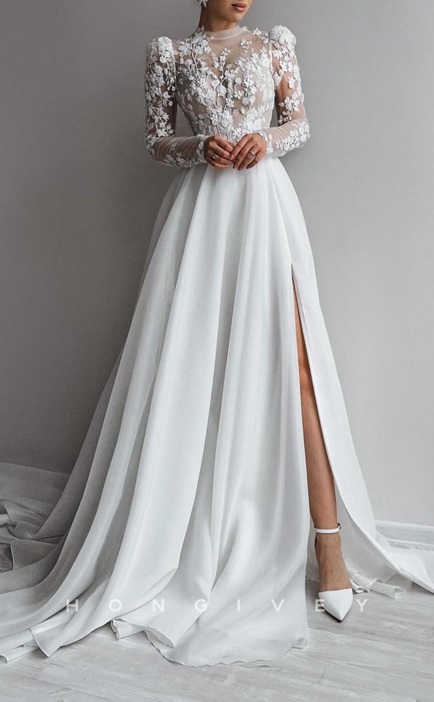 H1291 - Sexy A-Line Two Tone Illusion High Neck Long Sleeve Empire Appliques With Side Slit Wedding Dress