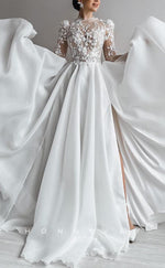 H1291 - Sexy A-Line Two Tone Illusion High Neck Long Sleeve Empire Appliques With Side Slit Wedding Dress