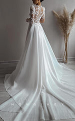 H1291 - Sexy A-Line Two Tone Illusion High Neck Long Sleeve Empire Appliques With Side Slit Wedding Dress