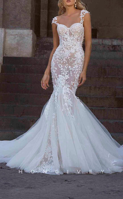 H1292 - Sexy Illusion Lace Trumpt Sweetheart Straps Empire Appliques Tulle Train Wedding Dress