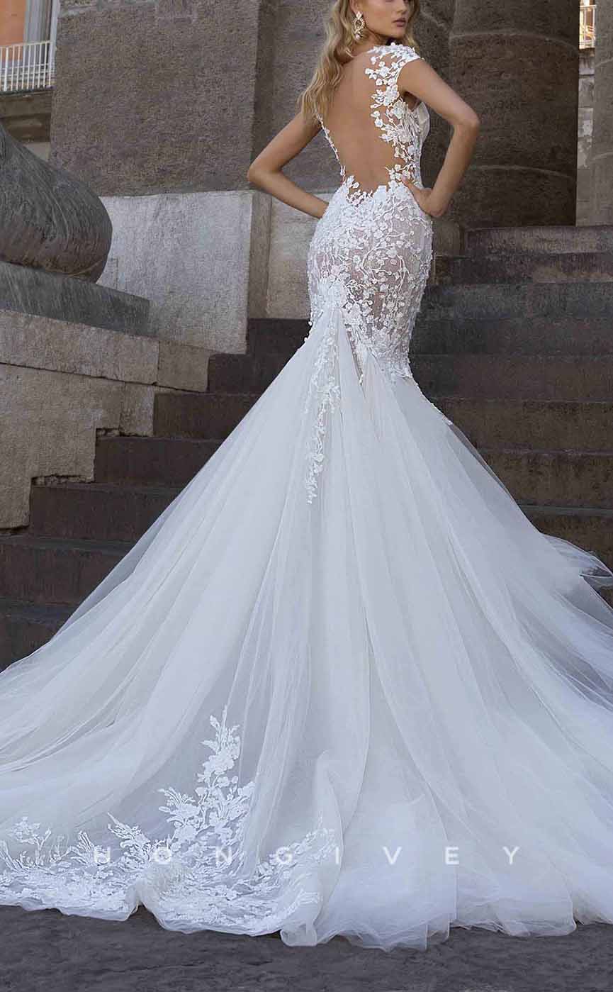 H1292 - Sexy Illusion Lace Trumpt Sweetheart Straps Empire Appliques Tulle Train Wedding Dress
