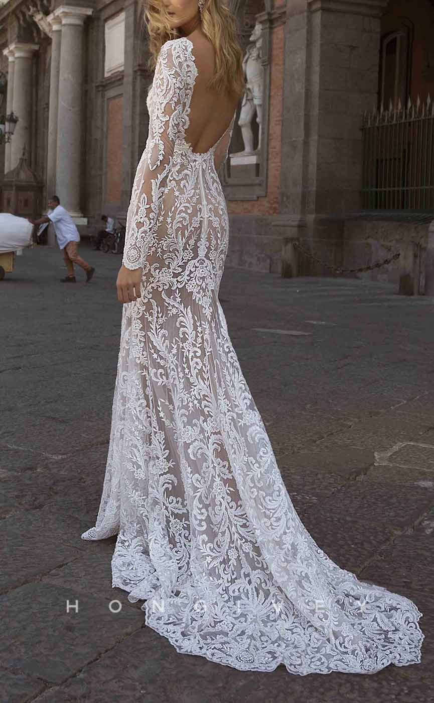 H1293 - Sexy Illusion Lace Trumpt Scoop Long Sleeve Empire Fully Appliques Belt Boho/Beach Wedding Dress