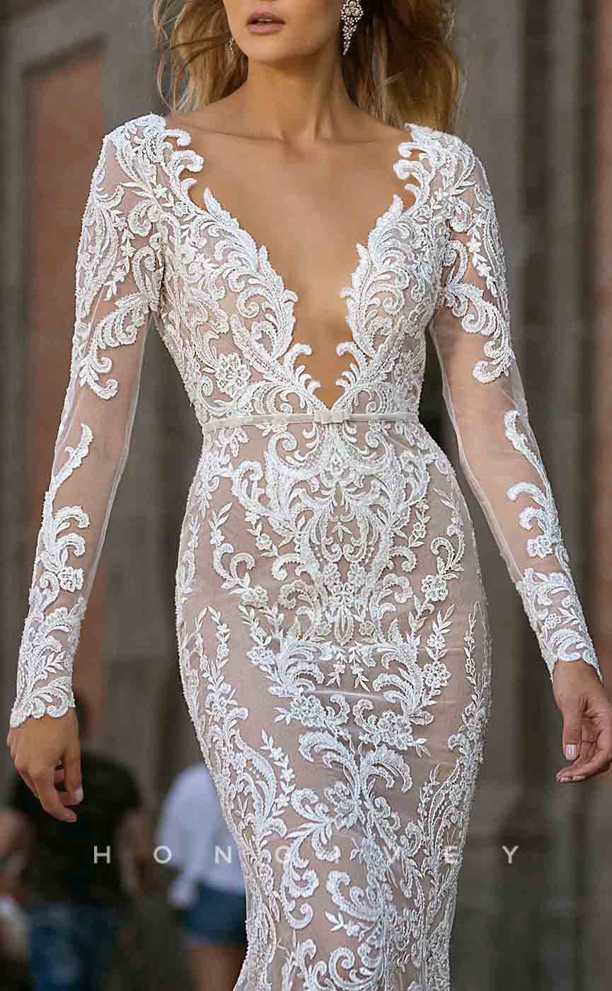 H1293 - Sexy Illusion Lace Trumpt Scoop Long Sleeve Empire Fully Appliques Belt Boho/Beach Wedding Dress